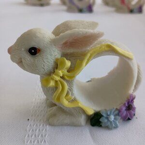 Set of 6 Easter Bunny Napkin Rings, 2 yellow bows, 2 lavender and 2 pink bows